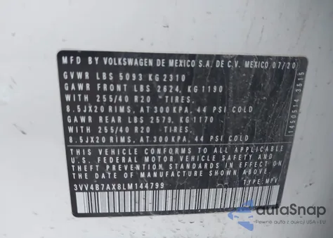 2020 Volkswagen Tiguan 2.0T Sel Premium R-Line z USA, uszkodzony, nr VIN 3VV4B7AX8LM144799